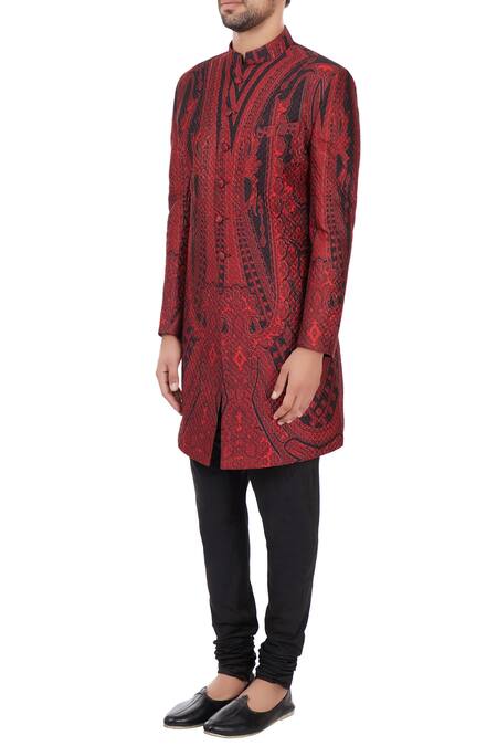 Buy_Mehraab_Black Mix Blend Poly-silk Printed Abstract Sherwani  _Online_at_Aza_Fashions