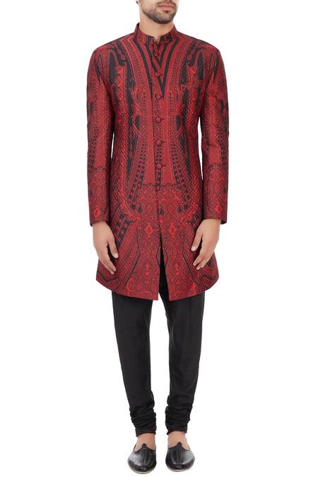 Shop_Mehraab_Black Mix Blend Poly-silk Printed Abstract Sherwani  _Online_at_Aza_Fashions