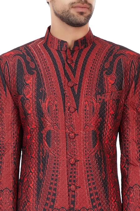 Mehraab_Black Mix Blend Poly-silk Printed Abstract Sherwani  _at_Aza_Fashions