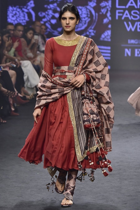 Punit Balana Red Chanderi Silk Round Anarkali And Churidar Set 
