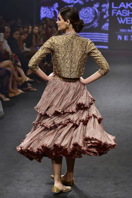 Shop_Punit Balana_Gold Jacket Lapel Chanderi Silk And Skirt Set _at_Aza_Fashions