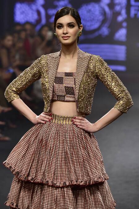 Punit Balana_Gold Jacket Lapel Chanderi Silk And Skirt Set _Online_at_Aza_Fashions