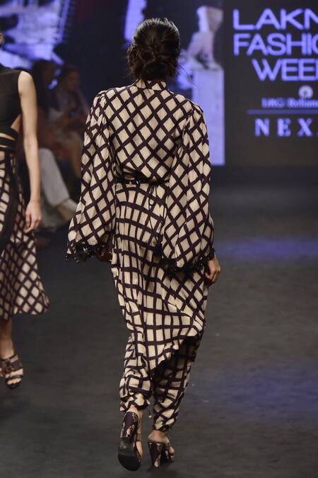 Shop_PUNIT BALANA_Beige Mandarin Collar Checkered Shirt And Pant Set _at_Aza_Fashions