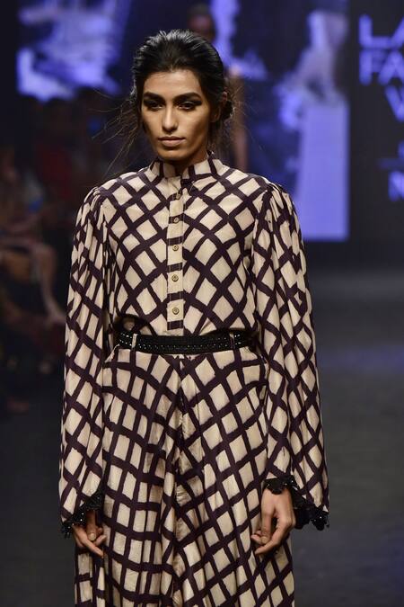 PUNIT BALANA_Beige Mandarin Collar Checkered Shirt And Pant Set _Online_at_Aza_Fashions