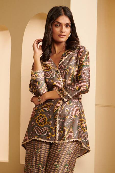 Mulmul_Grey 100% Pure Mulmul Printed Vintage Shirt Collar Nia And Pant Set_Online_at_Aza_Fashions