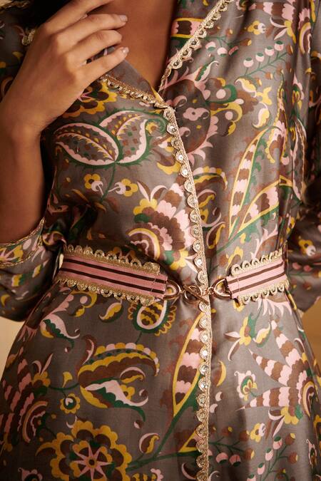 Buy_Mulmul_Grey 100% Pure Mulmul Printed Vintage Shirt Collar Nia And Pant Set_Online_at_Aza_Fashions