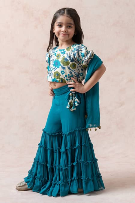 Thetaa_Blue Tussar, Voile, Viscose Pom-poms Floral Print Blouse Gharara Set _Online_at_Aza_Fashions