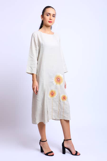 Linen Bloom_Beige 100% Linen Floral Motifs Round Embroidered Kurti _Online_at_Aza_Fashions