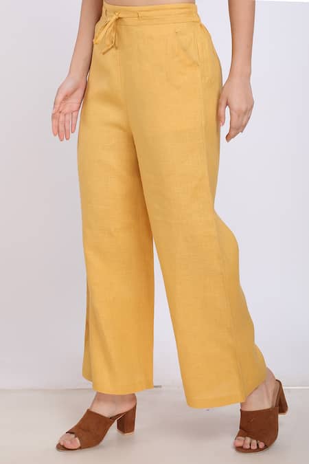 Linen Bloom_Yellow Pure Linen Drawstring Pant _Online_at_Aza_Fashions