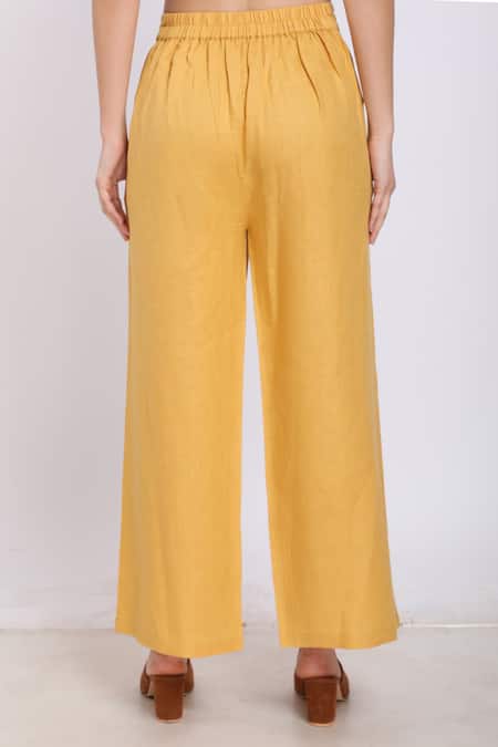 Buy_Linen Bloom_Yellow Pure Linen Drawstring Pant _Online_at_Aza_Fashions