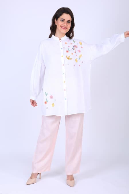 Linen Bloom_White 100% Linen Thread Work Mandarin Collar Puff Sleeve Tunic _Online_at_Aza_Fashions