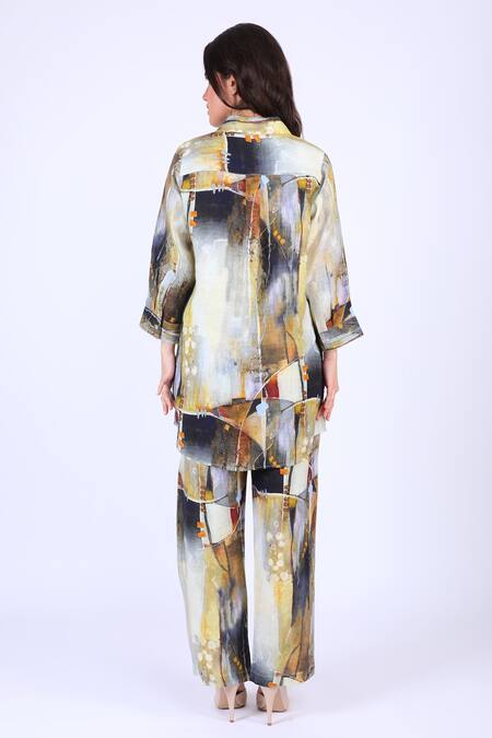 Shop_Linen Bloom_Multi Color 100% Linen Printed Digital Collared Neck Tunic _at_Aza_Fashions
