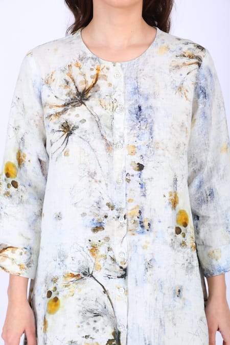 Buy_Linen Bloom_White 100% Linen Wild Flowers Motifs Round Print Tunic _Online_at_Aza_Fashions