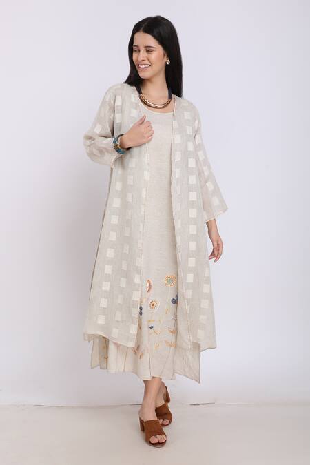 Linen Bloom_Beige Linen Checkered Cape_Online_at_Aza_Fashions