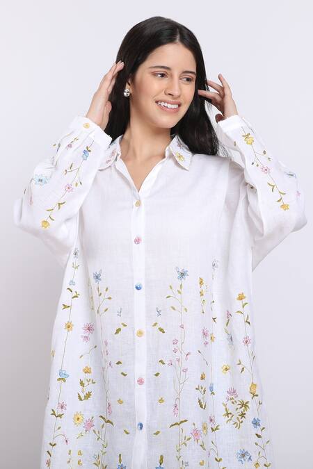 Buy_Linen Bloom_White Pure Linen Floral Motifs Shirt Collar Oversized _Online_at_Aza_Fashions