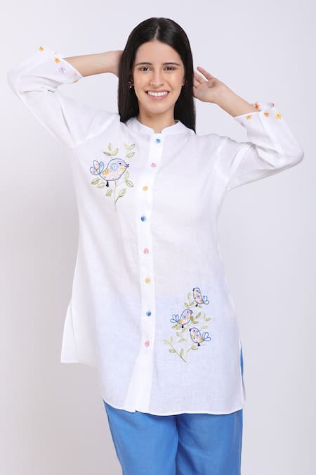 Linen Bloom White Pure Linen Bird Motifs Mandarin Collar Embroidered Shirt 