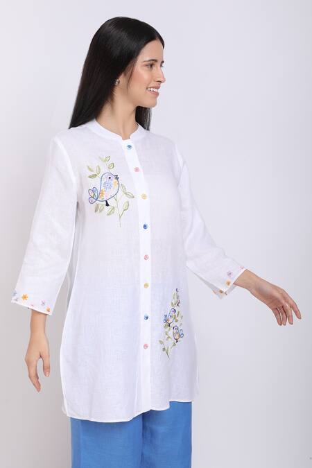 Linen Bloom_White Pure Linen Bird Motifs Mandarin Collar Embroidered Shirt _Online_at_Aza_Fashions