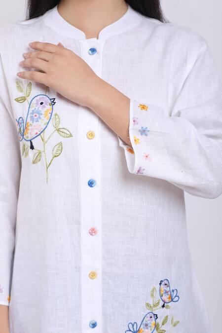 Buy_Linen Bloom_White Pure Linen Bird Motifs Mandarin Collar Embroidered Shirt _Online_at_Aza_Fashions