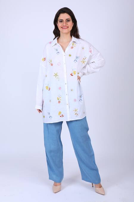 Linen Bloom White Pure Linen Floral Motifs Shirt Collar Oversized 