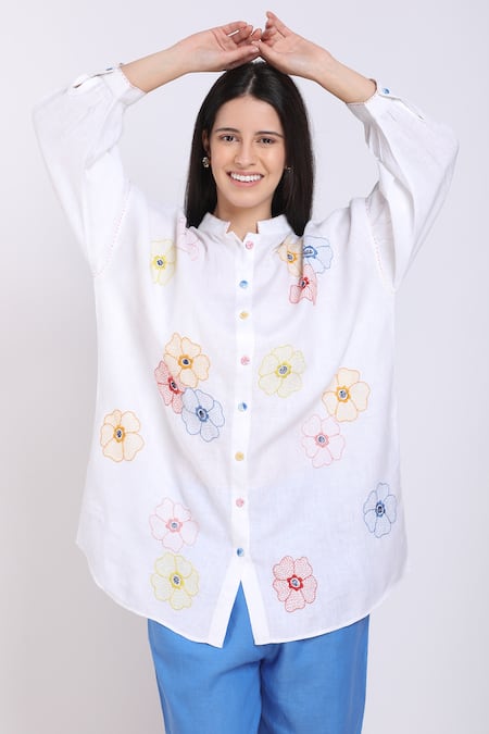 Linen Bloom White Pure Linen Floral Motifs Mandarin Collar Oversized Shirt 