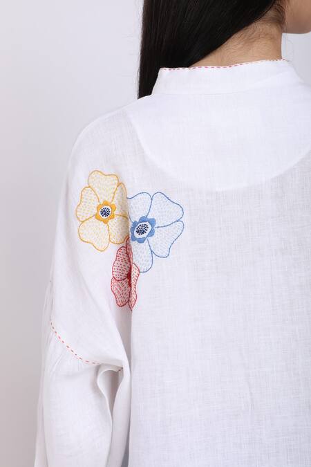 Shop_Linen Bloom_White Pure Linen Floral Motifs Mandarin Collar Oversized Shirt _at_Aza_Fashions