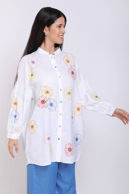 Linen Bloom_White Pure Linen Floral Motifs Mandarin Collar Oversized Shirt _Online_at_Aza_Fashions