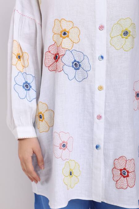 Buy_Linen Bloom_White Pure Linen Floral Motifs Mandarin Collar Oversized Shirt _Online_at_Aza_Fashions