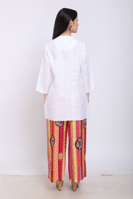 Shop_Linen Bloom_White Pure Linen Elephant Motifs Mandarin Collar Embroidered Shirt _at_Aza_Fashions