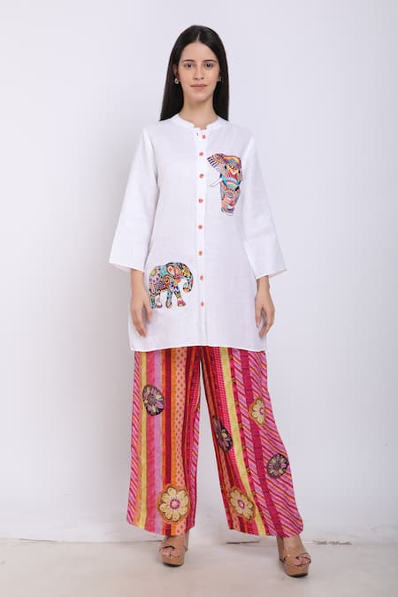 Linen Bloom_White Pure Linen Elephant Motifs Mandarin Collar Embroidered Shirt _Online_at_Aza_Fashions
