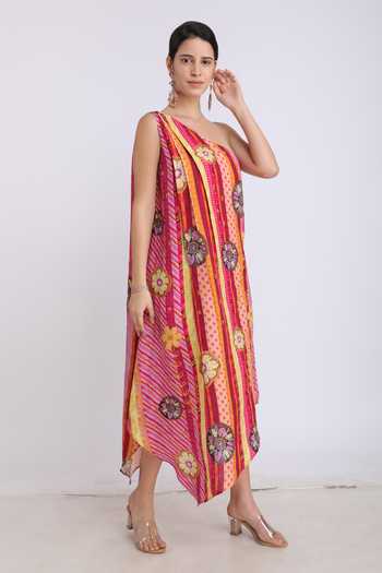 Linen Bloom_Pink Pure Linen Floral Motifs Asymmetric Print Dress_Online_at_Aza_Fashions