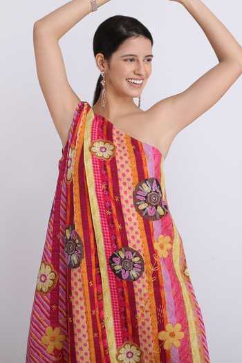 Buy_Linen Bloom_Pink Pure Linen Floral Motifs Asymmetric Print Dress_Online_at_Aza_Fashions