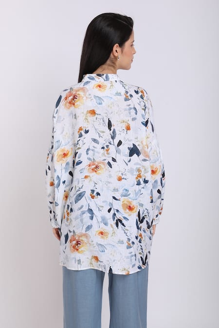 Shop_Linen Bloom_White Pure Linen Bird And Floral Motifs Mandarin Collar & Print Shirt _at_Aza_Fashions