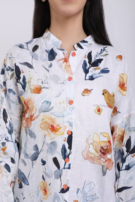 Buy_Linen Bloom_White Pure Linen Bird And Floral Motifs Mandarin Collar & Print Shirt _Online_at_Aza_Fashions