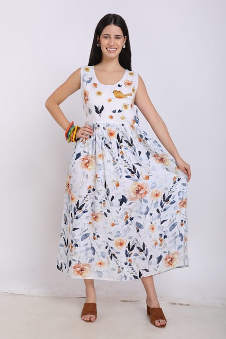 Linen Bloom White Pure Linen Bird And Floral Motifs Round Print Dress 