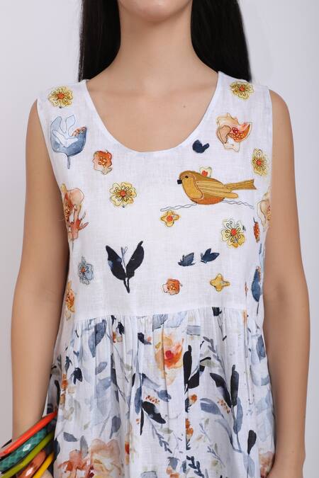Buy_Linen Bloom_White Pure Linen Bird And Floral Motifs Round Print Dress _Online_at_Aza_Fashions