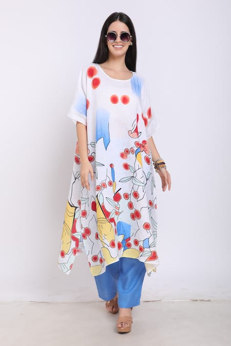 Linen Bloom White Pure Linen Kandinsky Print Round Kaftan 
