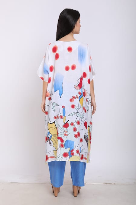 Shop_Linen Bloom_White Pure Linen Kandinsky Print Round Kaftan _at_Aza_Fashions