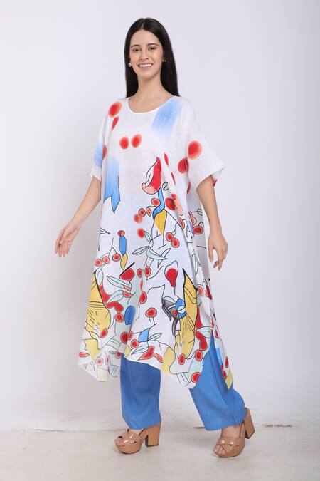 Linen Bloom_White Pure Linen Kandinsky Print Round Kaftan _Online_at_Aza_Fashions