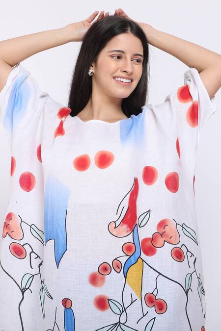 Buy_Linen Bloom_White Pure Linen Kandinsky Print Round Kaftan _Online_at_Aza_Fashions