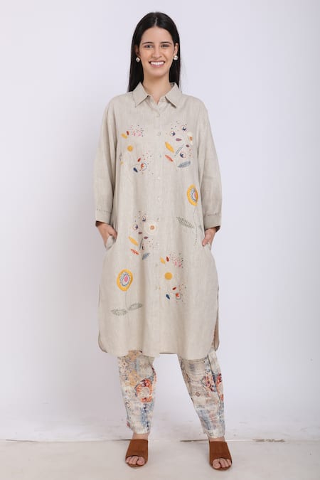 Linen Bloom Beige Pure Linen Floral Motifs Shirt Collar Embroidered Tunic 