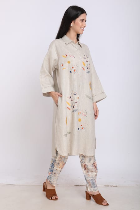Linen Bloom_Beige Pure Linen Floral Motifs Shirt Collar Embroidered Tunic _Online_at_Aza_Fashions