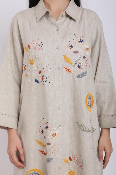 Buy_Linen Bloom_Beige Pure Linen Floral Motifs Shirt Collar Embroidered Tunic _Online_at_Aza_Fashions