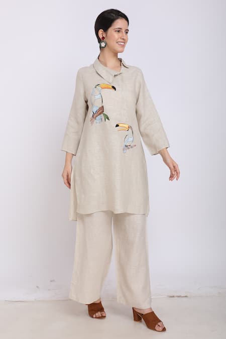 Linen Bloom_Beige Pure Linen Bird Motifs Asymmetric Embroidered Tunic _Online_at_Aza_Fashions