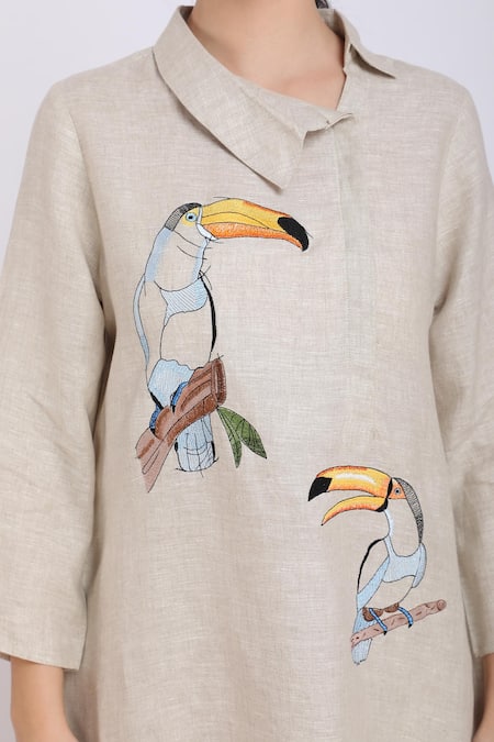 Buy_Linen Bloom_Beige Pure Linen Bird Motifs Asymmetric Embroidered Tunic _Online_at_Aza_Fashions