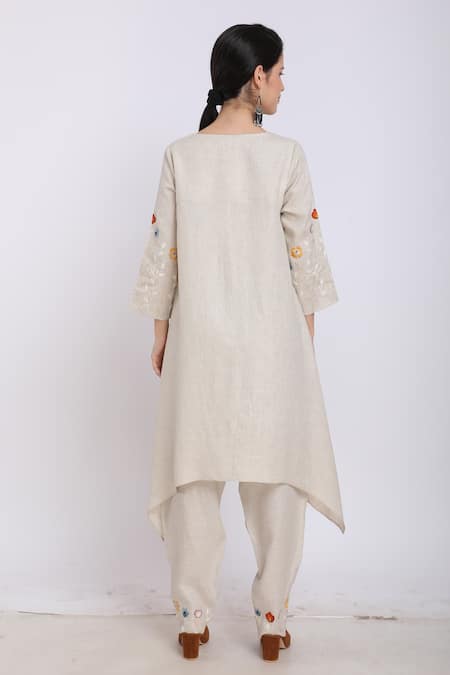 Shop_Linen Bloom_Beige Pure Linen Floral Motifs Asymmetric Tunic _at_Aza_Fashions