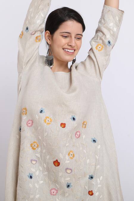 Linen Bloom_Beige Pure Linen Floral Motifs Asymmetric Tunic _Online_at_Aza_Fashions