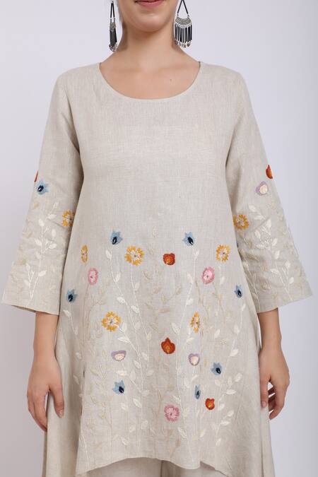 Buy_Linen Bloom_Beige Pure Linen Floral Motifs Asymmetric Tunic _Online_at_Aza_Fashions