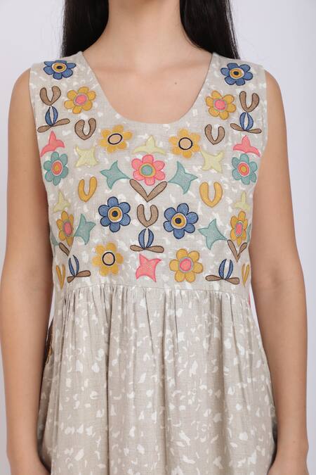 Linen Bloom_Beige Pure Linen Floral Motifs Round Gathered Dress _Online_at_Aza_Fashions
