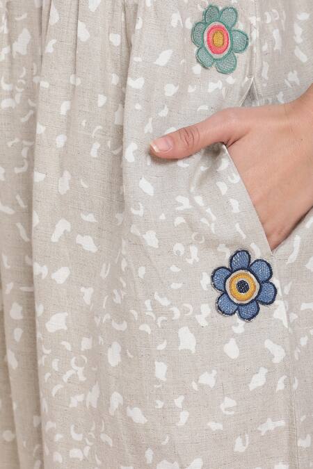 Buy_Linen Bloom_Beige Pure Linen Floral Motifs Round Gathered Dress _Online_at_Aza_Fashions