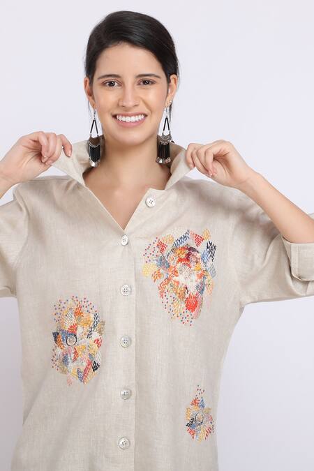 Linen Bloom_Beige Pure Linen Floral Motifs Spread Collar Embroidered Shacket _Online_at_Aza_Fashions